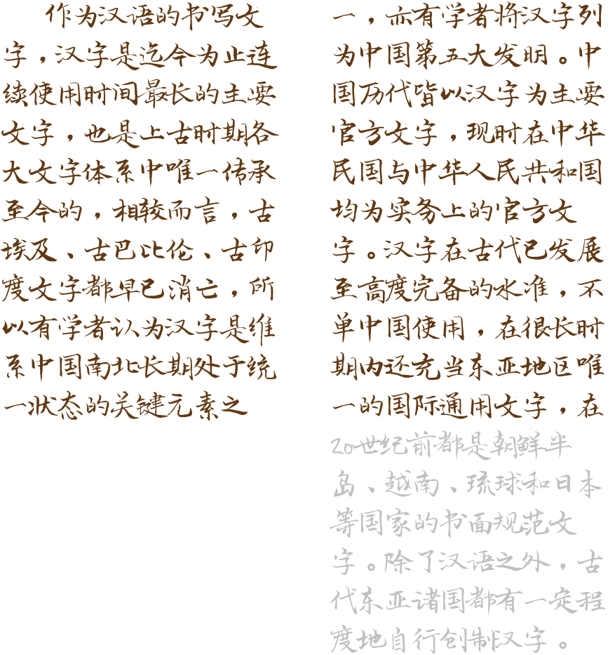 作为汉语的书写文字，汉字是迄今为止连续使用时间最长的主要文字，也是上古时期各大文字体系中唯一传承至今的，相较而言，古埃及、古巴比伦、古印度文字都早已消亡，所以有学者认为汉字是维系中国南北长期处于统一状态的关键元素之一，亦有学者将汉字列为中国第五大发明。中国历代皆以汉字为主要官方文字，现时在中华民国与中华人民共和国均为实务上的官方文字。汉字在古代已发展至高度完备的水准，不单中国使用，在很长时期内还充当东亚地区唯一的国际通用文字，在20世纪前都是朝鲜半岛、越南、琉球和日本等国家的书面规范文字。除了汉语之外，古代东亚诸国都有一定程度地自行创制汉字。